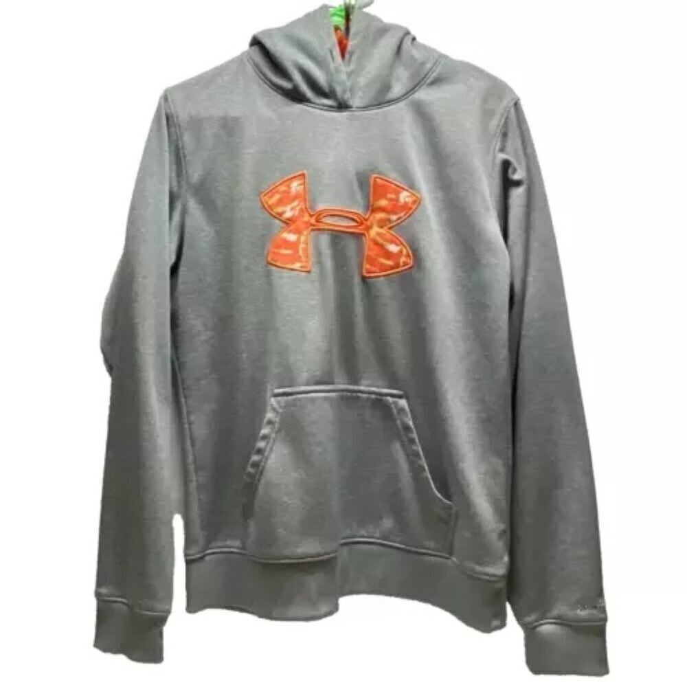 Under Armour UA Storm‎ Hoodie Men's Size MD/M Gray Hooded Sweatshirt Orange Logo